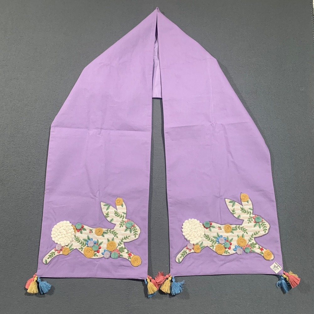 World Market Easter Bunny Table Runner‎ Lavender Purple Embroidered Floral 13x72